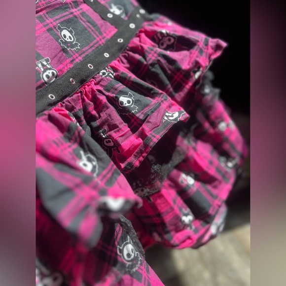 Skelanimals Hasbro Hot Pink & Black Plaid Ruffle Mesh Skirt quirky bats print •M - Picture 16 of 16